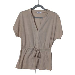 Women's Clearlove button down drawstring waist top, tan, size XL